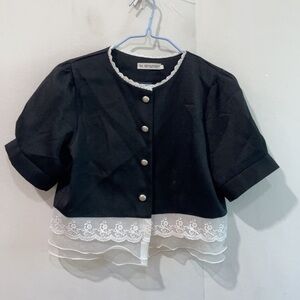 Black Short Sleeve Jacket with Lace Trim